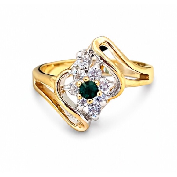 Vintage Jewelry - Vintage 1960s Ring Size 7 Mid Century Green Crystal CZ Gold Plate - 14A